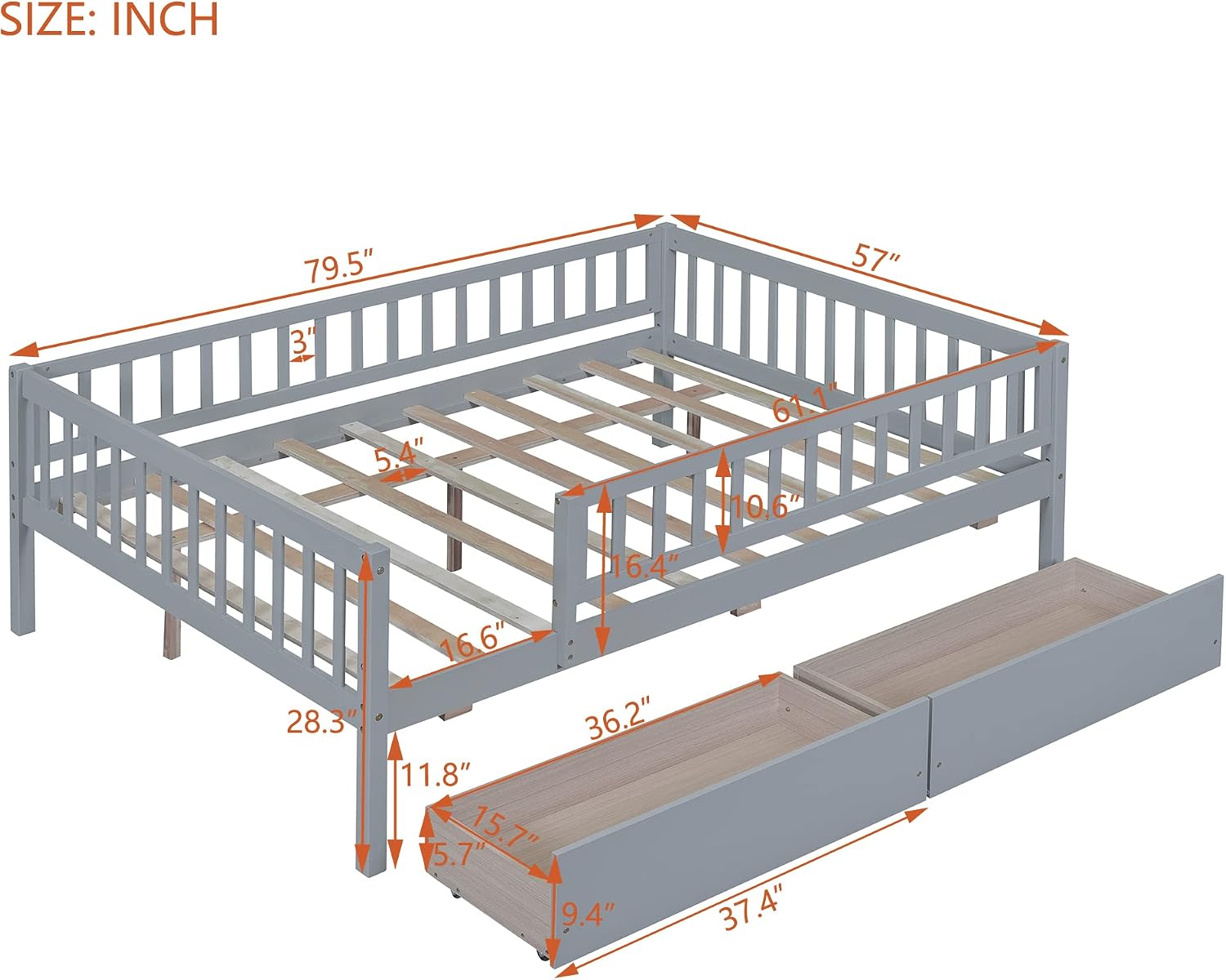 Montessori Bed Frame with Fence Railings and 2 Drawers for Kids,Full Size Wood Low Platform Bed Frame with Full-Length Safety Guardrails for Boys Girls,No Box Spring Needed,Grey