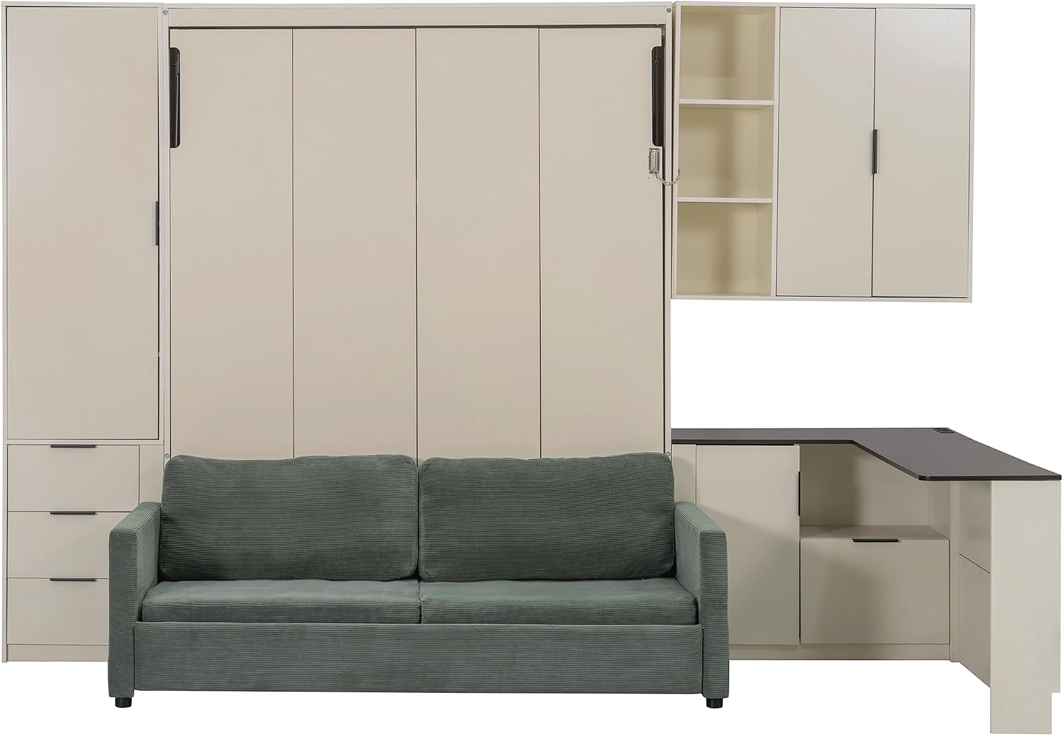 Merax Queen Size Wood Murphy Bed with Upholstered Sofa & Desk, Multifunctional Foldable Wall Platform Bed w/USB Charging Station for Guest-Room, Bedroom, Space Saving, Beige + Green