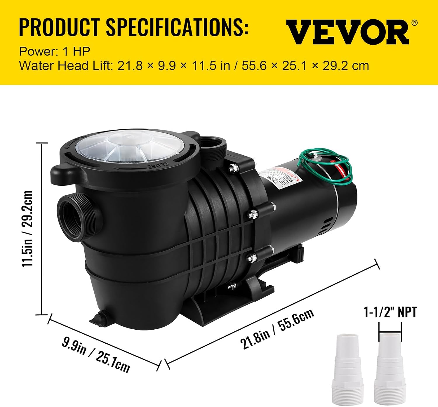 VEVOR 1HP Swimming Pool Pump, Dual Voltage 110V/220V, Circulates 5544GPH for Efficient Water Movement Above Pools, Includes Strainer Basket & Two 1-1/2'' NPT Connectors
