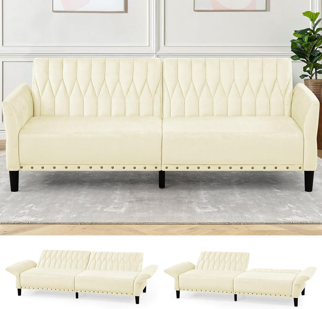 77' Velvet Sofa Bed with Adjustable Armrests and Backrests,Tufted Convertible Futon Couch with Nailhead Trim, Loveseat Modern Velvet Sleeper Sofa for Living Room,Bedroom,Office, Beige