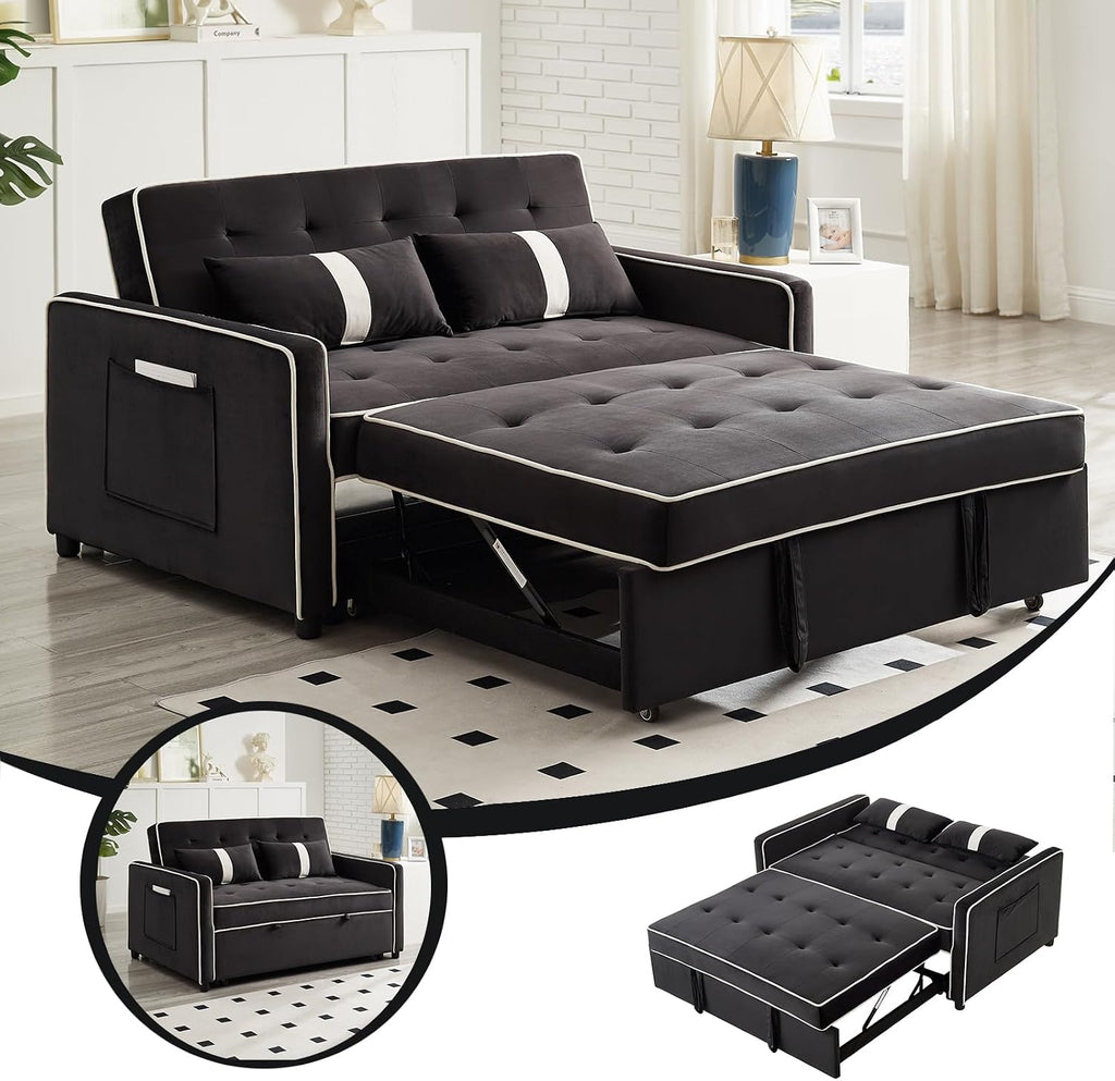 3 in 1 Convertible Sleeper Sofa Bed, Small Couch for Living Room Bedroom with Pullout Bed Adjustable Backrest,Velvet,Loveseat Sofa Bed,Futon Couches (Black)
