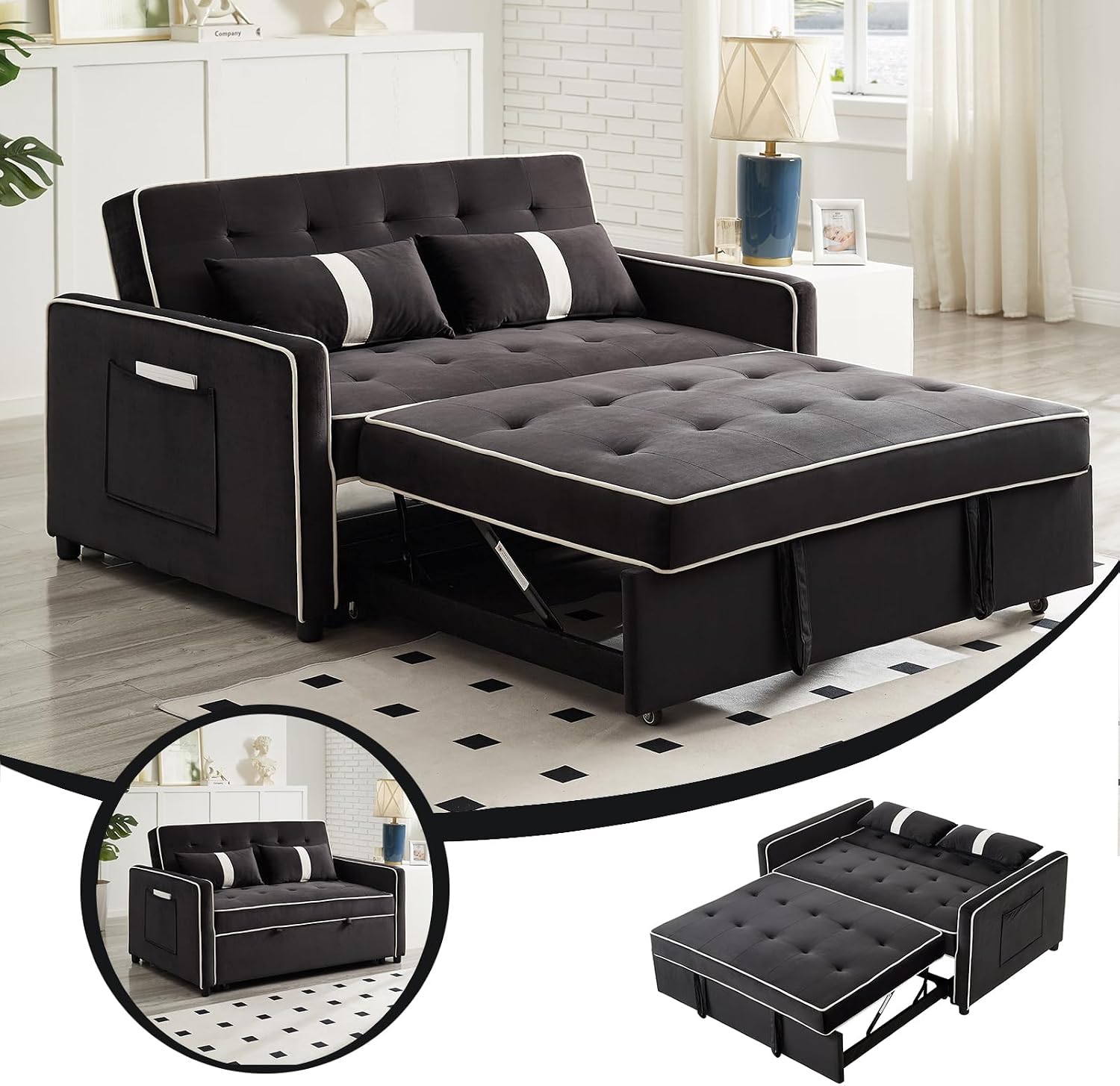 3 in 1 Convertible Sleeper Sofa Bed, Small Couch for Living Room Bedroom with Pullout Bed Adjustable Backrest,Velvet,Loveseat Sofa Bed,Futon Couches (Black)