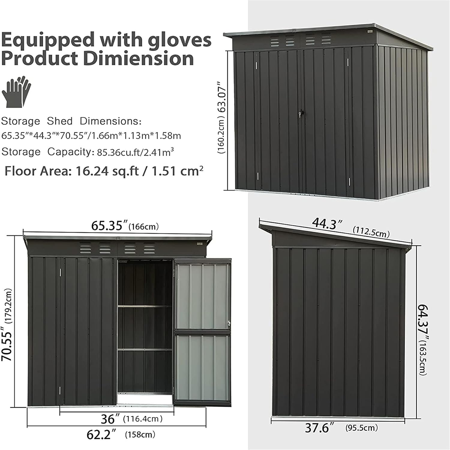 Small Metal Storage Shed 5x3ft Outdoor, Dark Gray Garden Shed with Sloping Roof & Lockable Double Doors - Galvanized Steel Utility Tool Shed for Backyard, Patio, Lawn