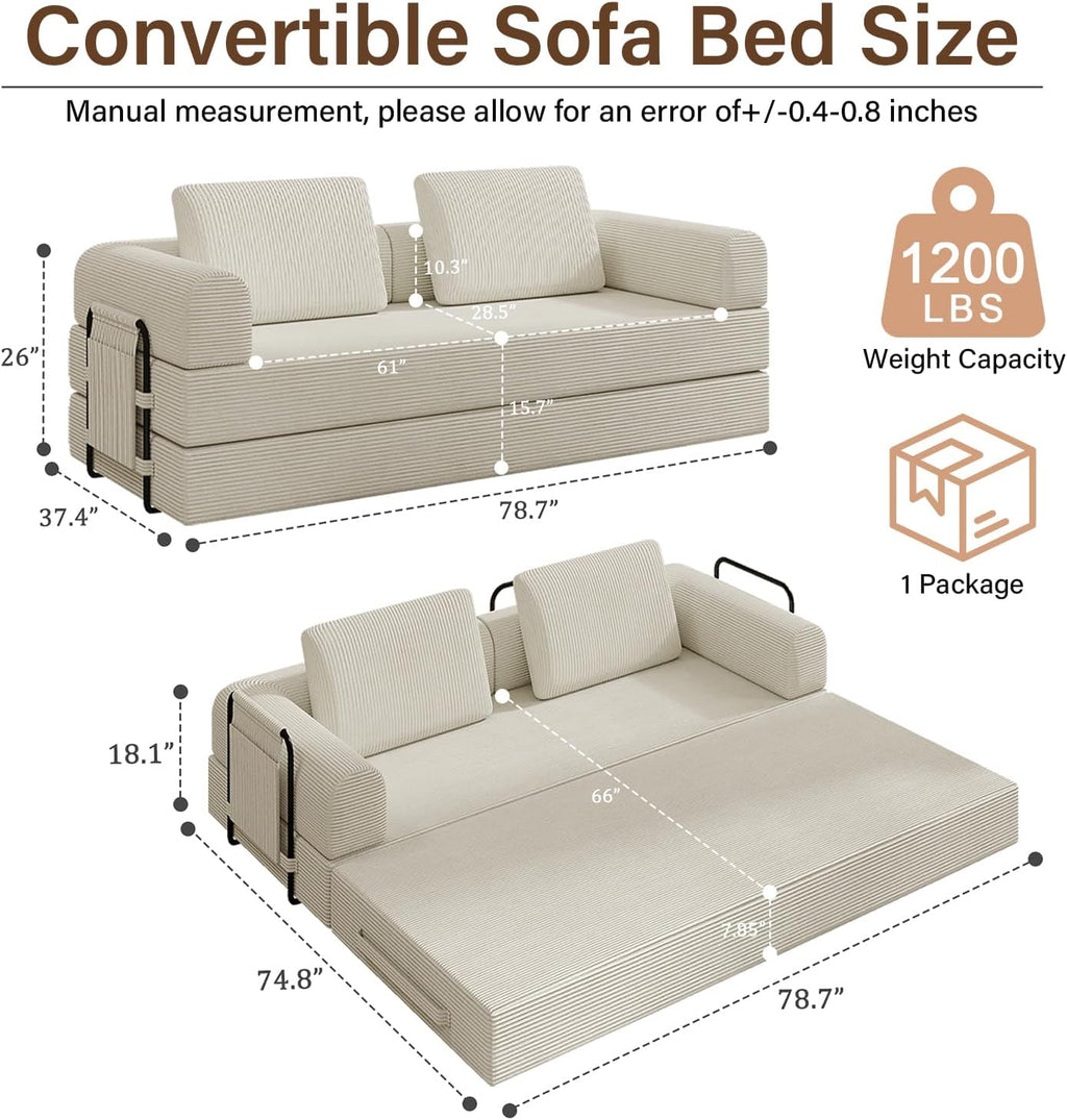 78'' Sleeper Couch Bed for Living Room, Convertible Modular Sofa with Fixed Frame and Side Pocket, Corduroy Futon Boneless Couches in a Box, No Assembly, Beige