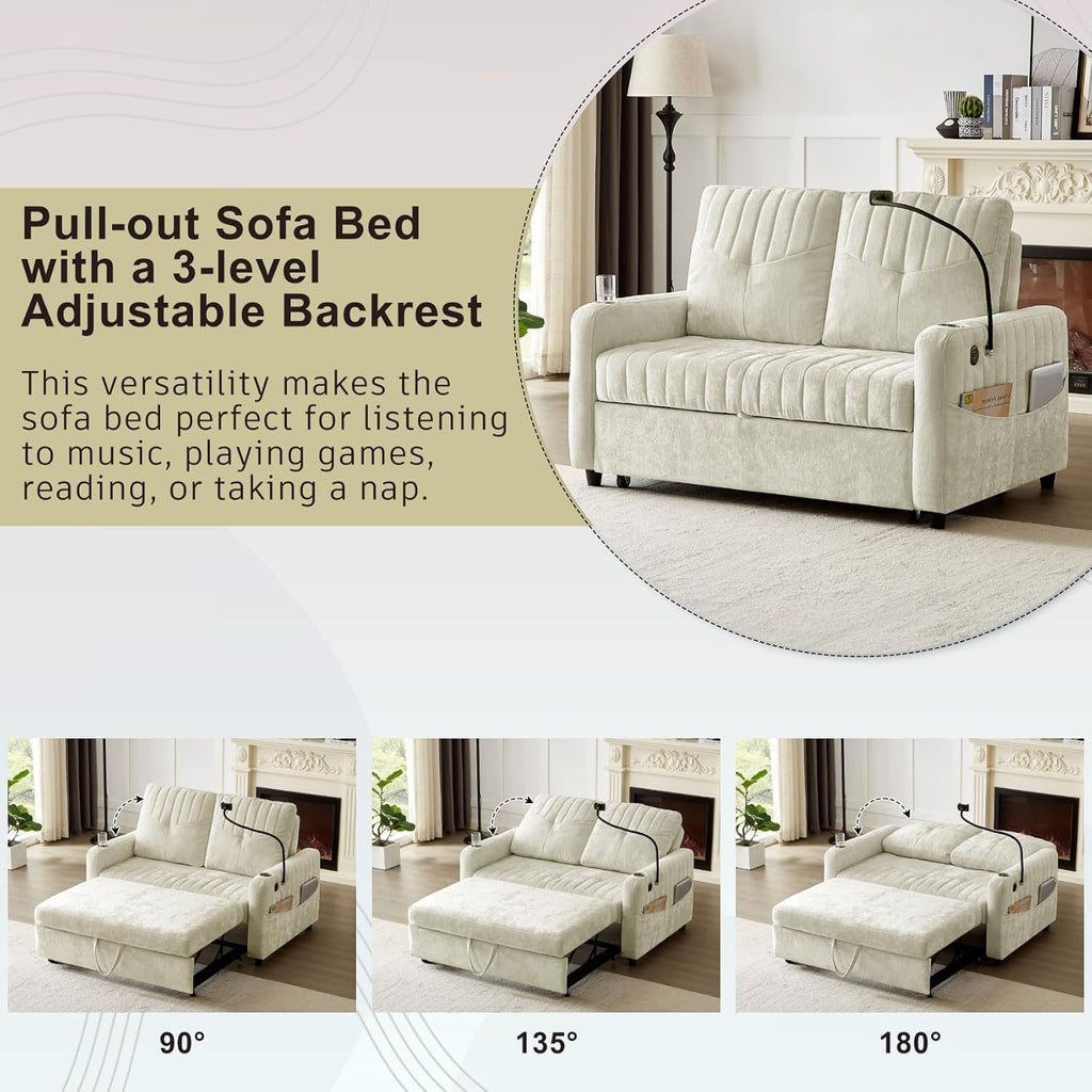 Merax Chenille 3-in-1 Pull Out Sleeper Sofa Bed Couch, 54' Convertible Futon Loveseat with Adjustable Backrest, 2 Cup Holders, Phone Stand, 3 Charging Ports and Storage Pockets for Living Room, Beige