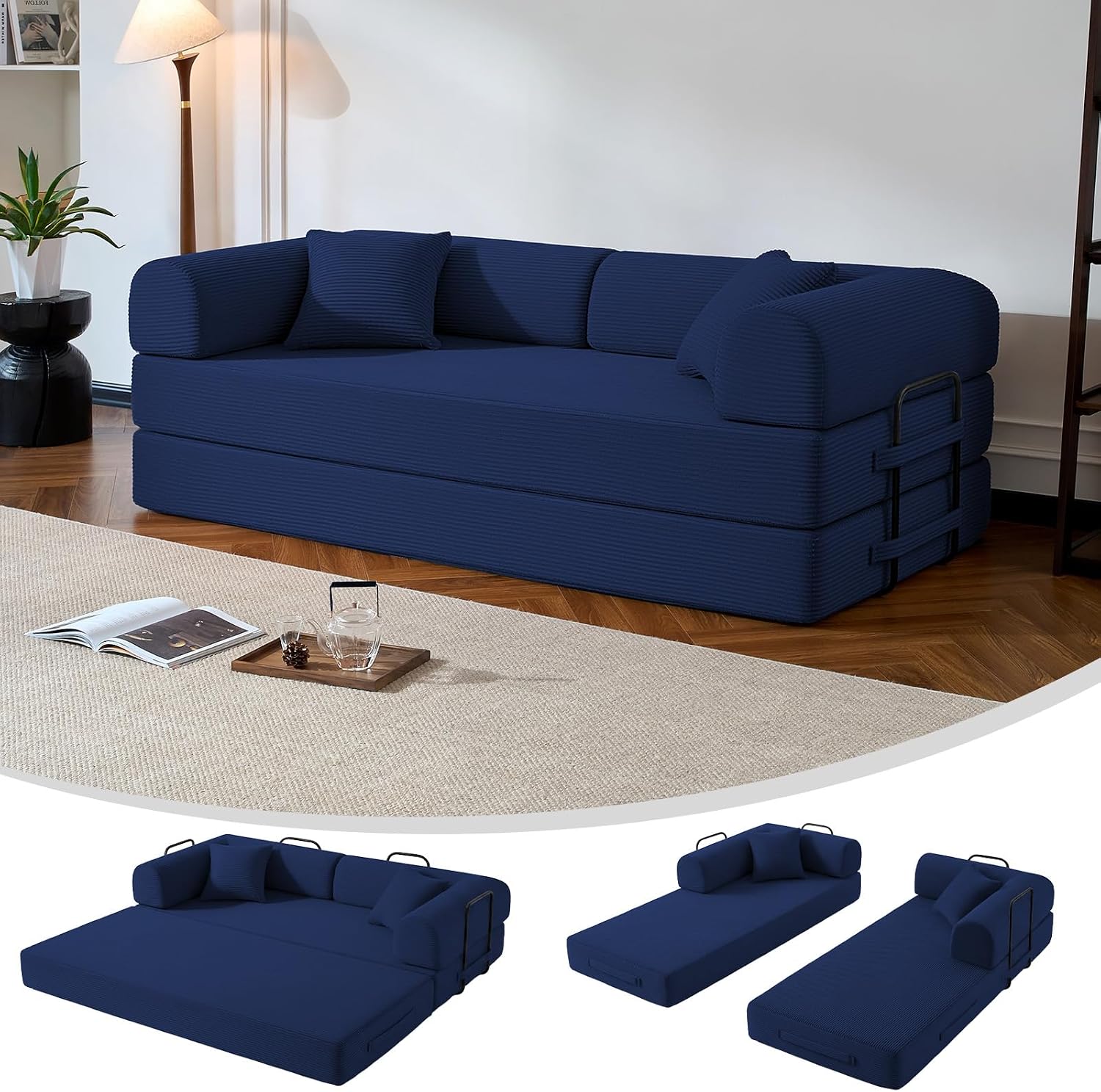 79' Compressed Sofa, Convertible Sofa Bed, Corduroy Compression Boneless Couch with Pillow, Comfy Modular Foldable Floor Sleeper Sofa for Bedroom, Living Room, Lounge, Studio (Dark Blue)