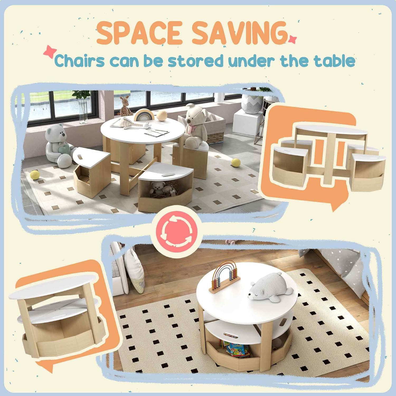 Qaba Toddler Table and Chairs Set, 5 Pieces Round Kids Activity Table with Storage for Play, Art, Craft, Drawing, Playroom, Classroom, Nursery, White