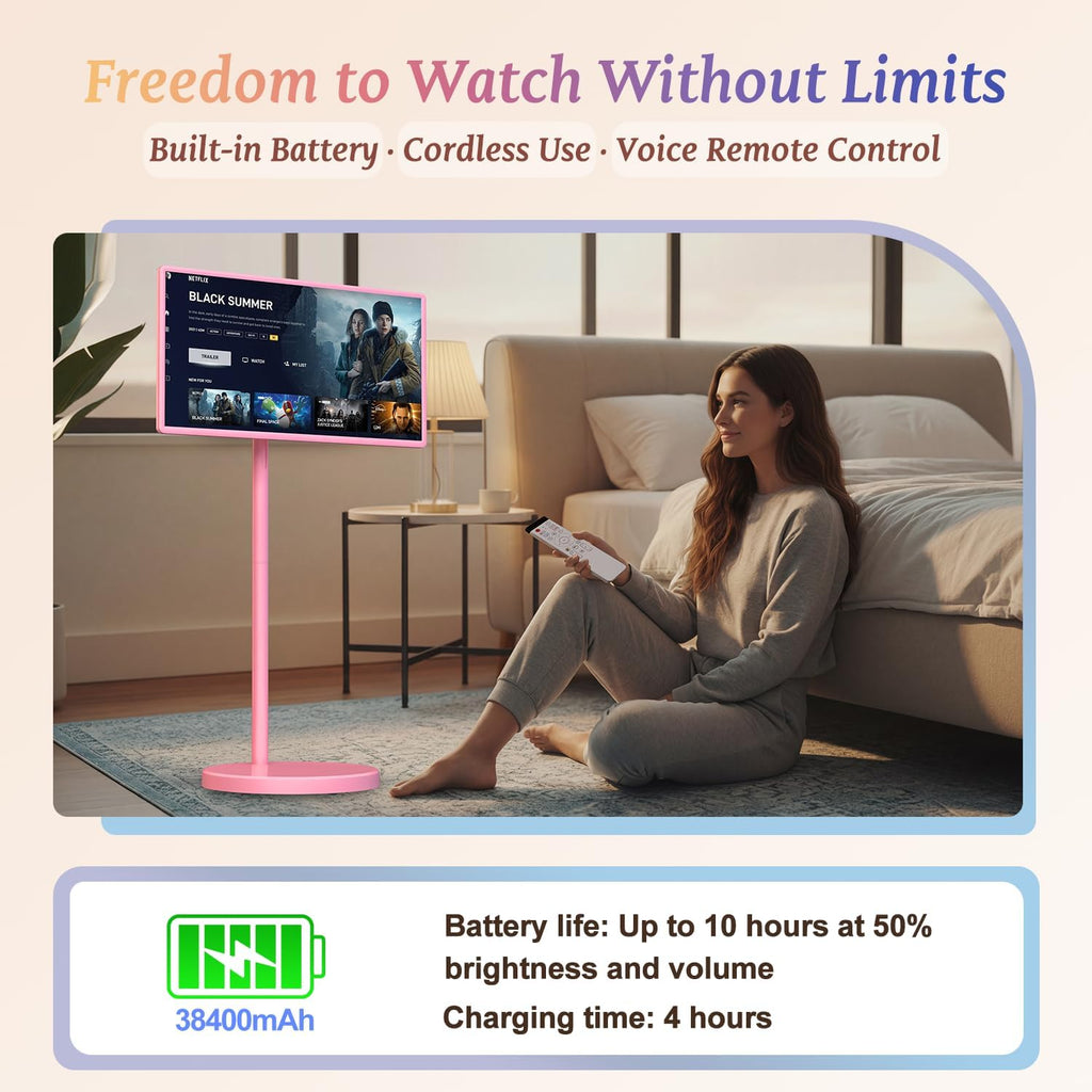 32' Portable Smart TV with Android 15, 1080P Touch Screen Monitor on Wheels, EDLA-Certified, 8GB+128GB Storage, 5MP Camera, 10H Playing Time, Rotatable Display, Wireless Casting, Voice Remote Control