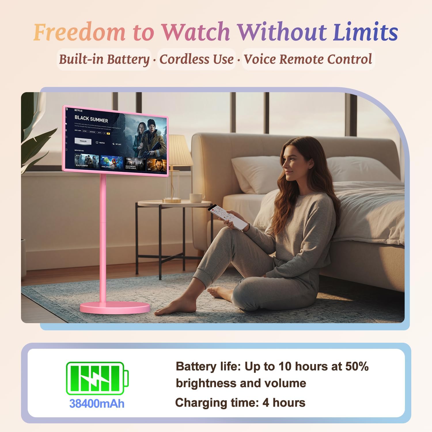 32' Portable Smart TV with Android 15, 1080P Touch Screen Monitor on Wheels, EDLA-Certified, 8GB+128GB Storage, 5MP Camera, 10H Playing Time, Rotatable Display, Wireless Casting, Voice Remote Control