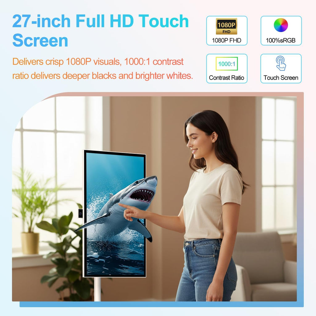 VLH 27 Inch Smart Portable TV, FHD Touch Screen Monitor on Wheels, Android 15, 6GB +128GB, Wireless Movable Display, EDLA-Certified, 13MP Camera, Speaker, 8 Hour Battery, HDMI, Voice Remote Control