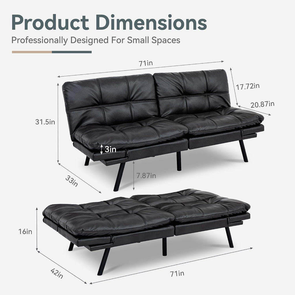 Futon Sofa Bed Convertible Couch, Black Faux Leather Sofa Bed with Memory Foam, Adjustable Backrest & Armrests, Multifunctional Small Loveseat Sleeper Sofa for Living Room, Apartment, Office