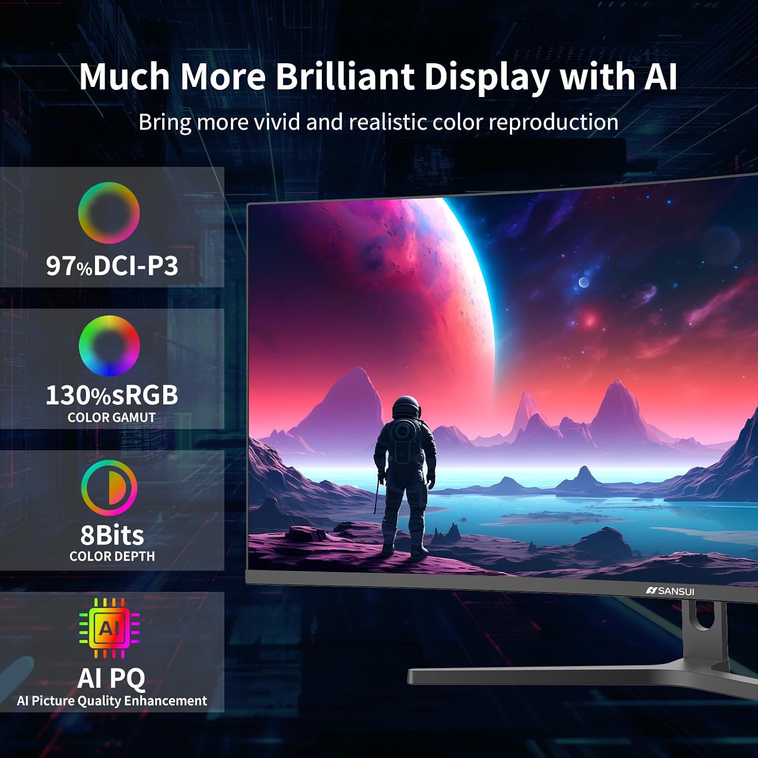 SANSUI 34-Inch Curved Gaming Monitor UWQHD 3440 x 1440P Up to 200Hz 165Hz Curved 1500R - PIP/PBP, OD 1ms, HDR, 300nits, sRGB 130%, DCI-P3 97%,AI Crosshair,HDMI2.1x2,DP1.4(Cable Included)