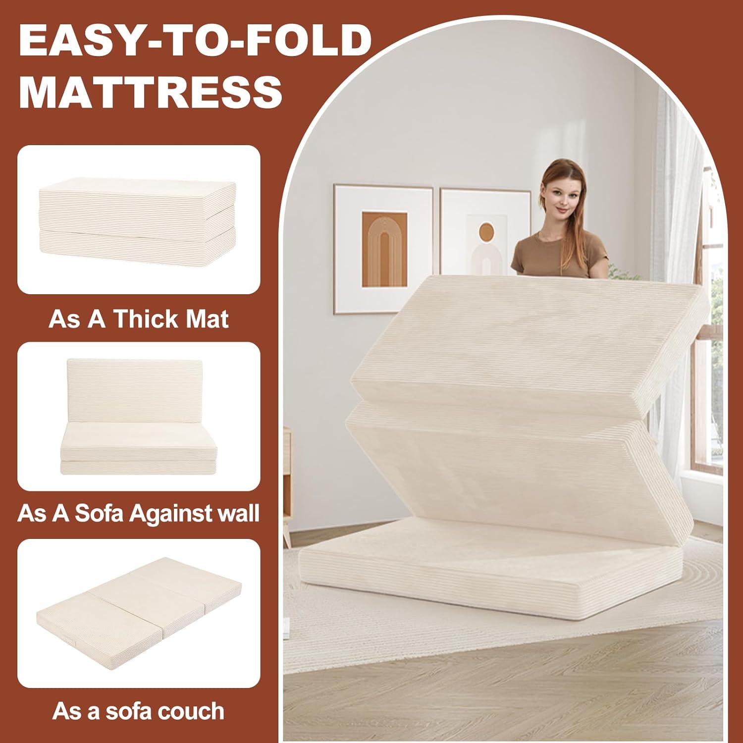 6-Inch Tri-Fold Foldable Mattress, Folding Sofa Bed with Removable Washable Cover, Portable Futon Mattress Full Size Floor Guest Mat with Non-Slip Bottom & Carry Handles for Camping (Beige, Full)