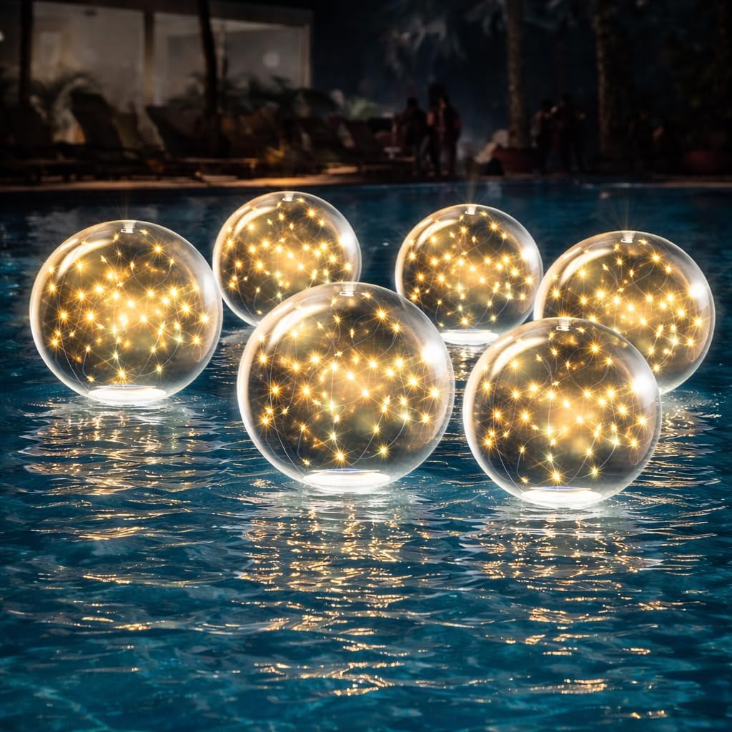 TIALLY Fairy Floating Pool Lights Solar Powered - 14' Inflatable Waterproof Led Glow Balls, Floating Light Up Balls for Swimming Pool Party Decorations, Cool Outdoor Decor (6 Pack)