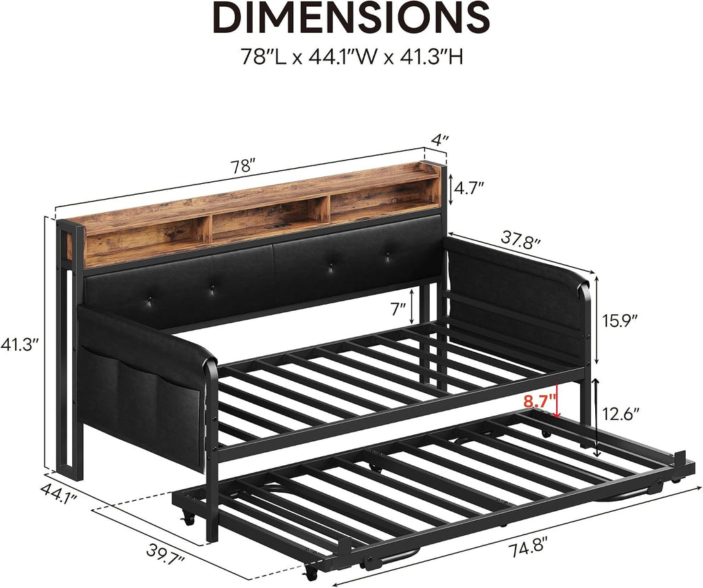 LIKIMIO Daybed with Trundle, Twin Bed Frame with Upholstered Headboard and Charging Station, Sofa Day Bed with Strong Supports for Living Room, Bedroom and Guest Room, Dark Black
