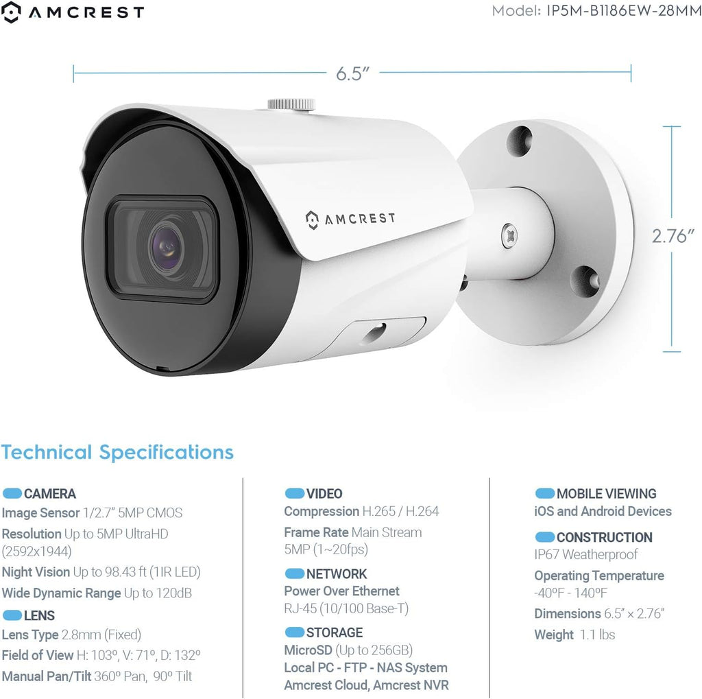 Amcrest 5MP Security Camera System, 4K 8CH PoE NVR, (4) x 5-Megapixel 2.8mm Wide Angle Lens Weatherproof Metal Bullet POE IP Cameras, Pre-Installed 2TB Hard Drive, NV4108E-IP5M-B1186EW4-2TB (White)