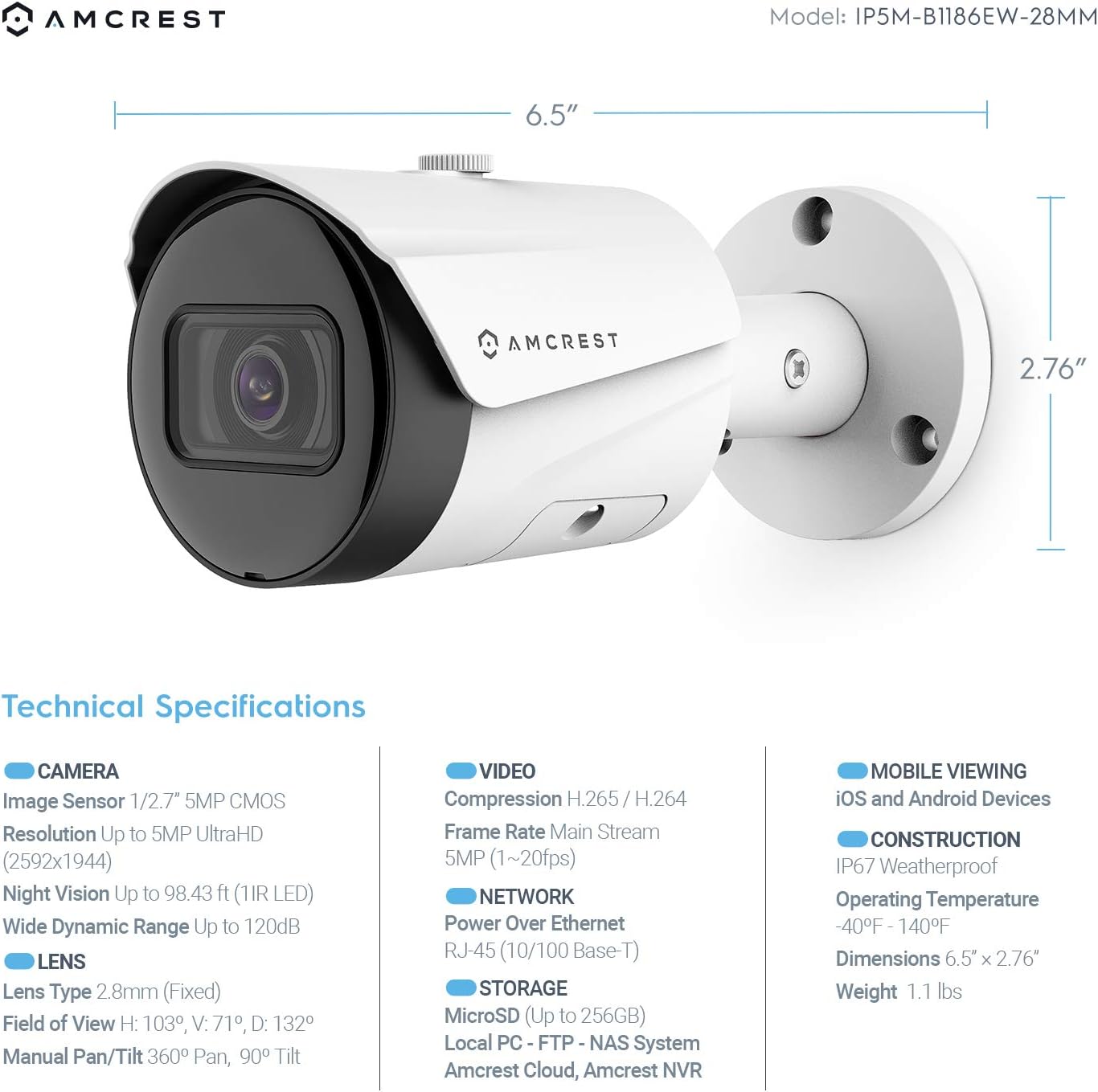 Amcrest 5MP Security Camera System, 4K 8CH PoE NVR, (4) x 5-Megapixel 2.8mm Wide Angle Lens Weatherproof Metal Bullet POE IP Cameras, Pre-Installed 2TB Hard Drive, NV4108E-IP5M-B1186EW4-2TB (White)