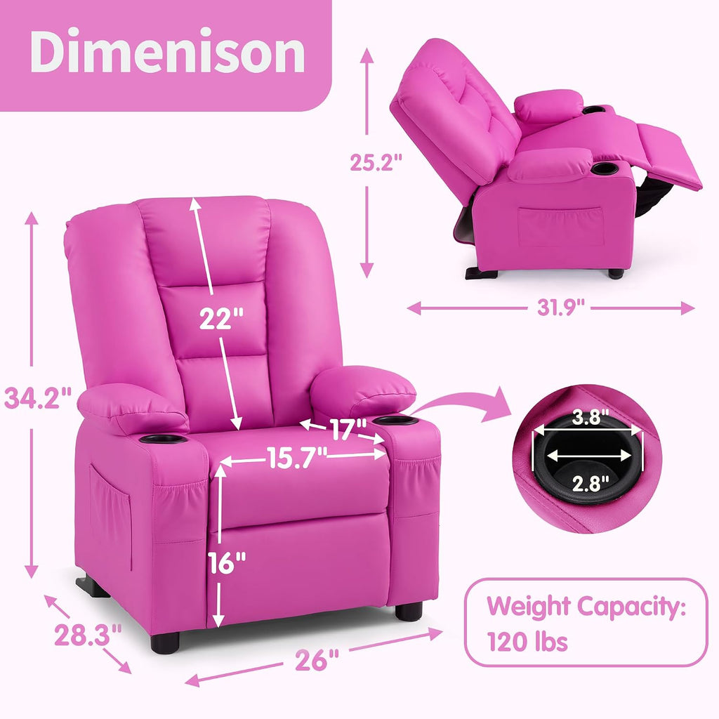 MCombo Big Kids Recliner for Ages 3+, Child Reclining Chair, Toddlers Recliner Sofa with Cup Holders, Faux Leather, 7322(Pink)