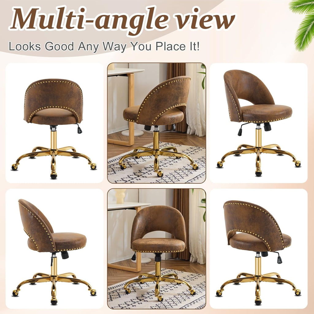 VINGLI Modern Velvet Small Office Chair,Cute Desk Chair with Wheels,Gold Base/Studs, Comfy Armless Swivel Vanity Task Chair for Women/Girl/Kids, Nail Tech Chair for Bedroom,Small Space,Rustic