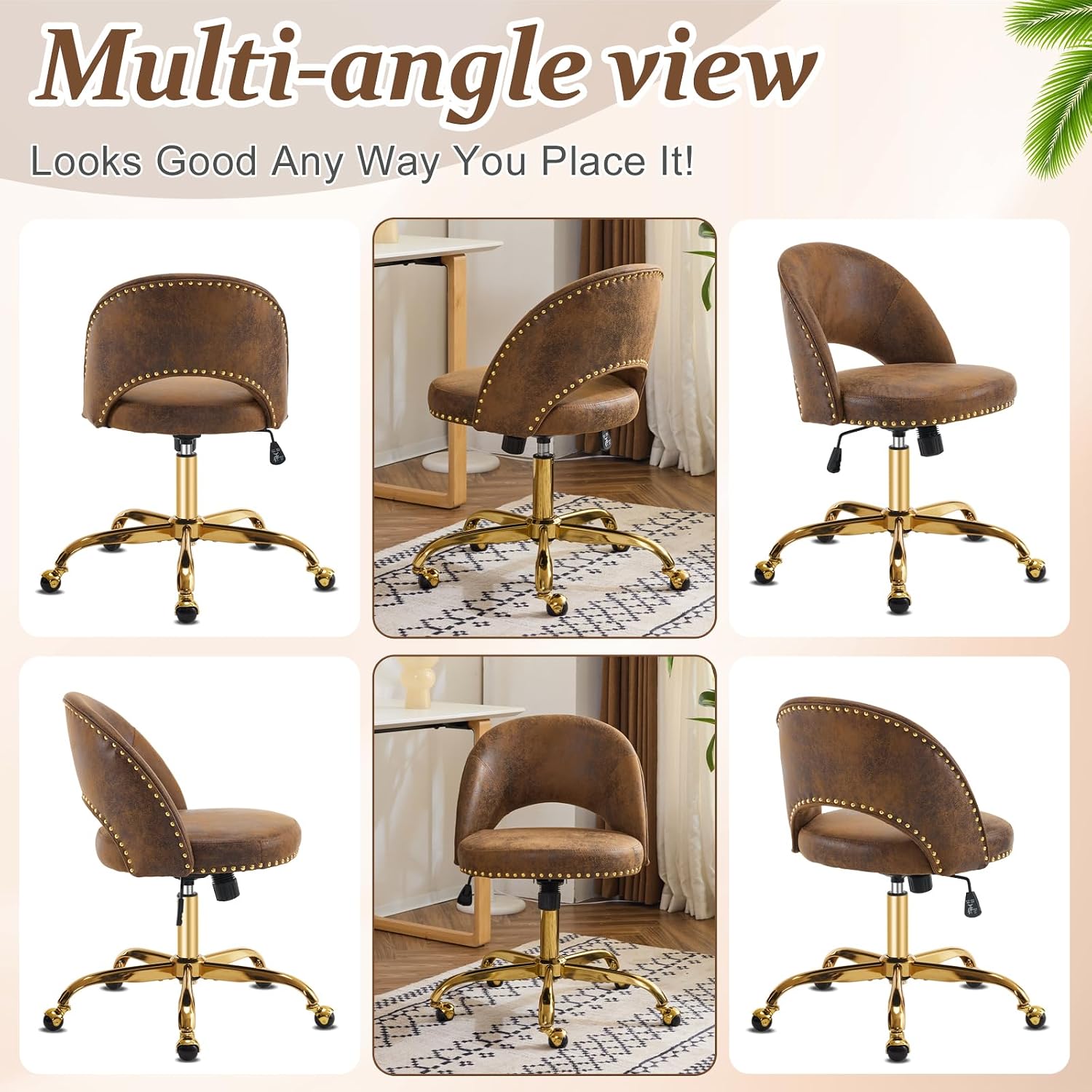 VINGLI Modern Velvet Small Office Chair,Cute Desk Chair with Wheels,Gold Base/Studs, Comfy Armless Swivel Vanity Task Chair for Women/Girl/Kids, Nail Tech Chair for Bedroom,Small Space,Rustic