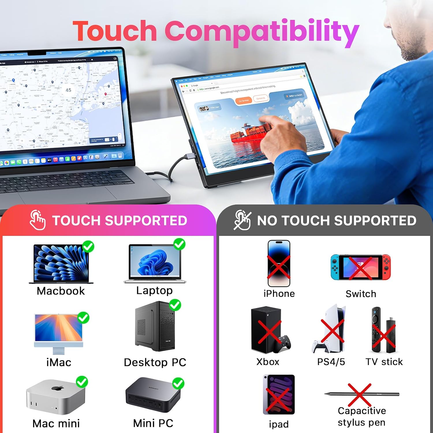 Upperizon Portable Monitor 15.6 inch FHD 90% sRGB 60Hz HDR HDMI USB-C Travel Monitor for Laptop MacBook PC Surface PS5 Xbox, External Display with Kickstand & Speakers, VESA Compatible