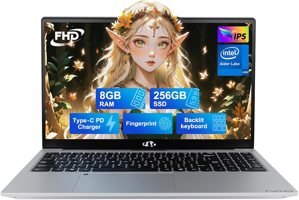 NIMO 15.6' IPS FHD-Laptop, Intel Pentium Quad Core N100 8GB RAM 256GB SSD (Beat i3-1115G4, Up to 3.4GHz) Computer with Backlit Keyboard Fingerprint Type-C WiFi 6 BT5.2, for Student and Home