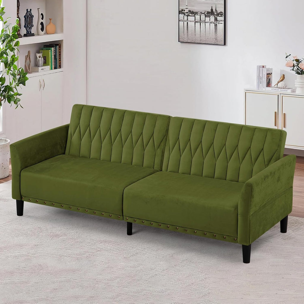 77' Velvet Sofa Bed with Adjustable Armrests and Backrests,Tufted Convertible Futon Couch with Nailhead Trim, Loveseat Modern Velvet Sleeper Sofa for Living Room,Bedroom,Office, Olive Green