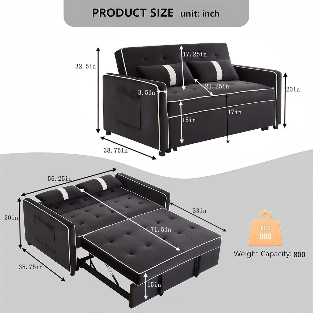 Loveseat Sleeper Sofa, 3 in 1 Convertible Sofa Bed, Adjustable Backrest Comfy Pull Out Couch, Modern Upholstered Sofa for Living Room Bedroom Apartment Small Space (Black 1)