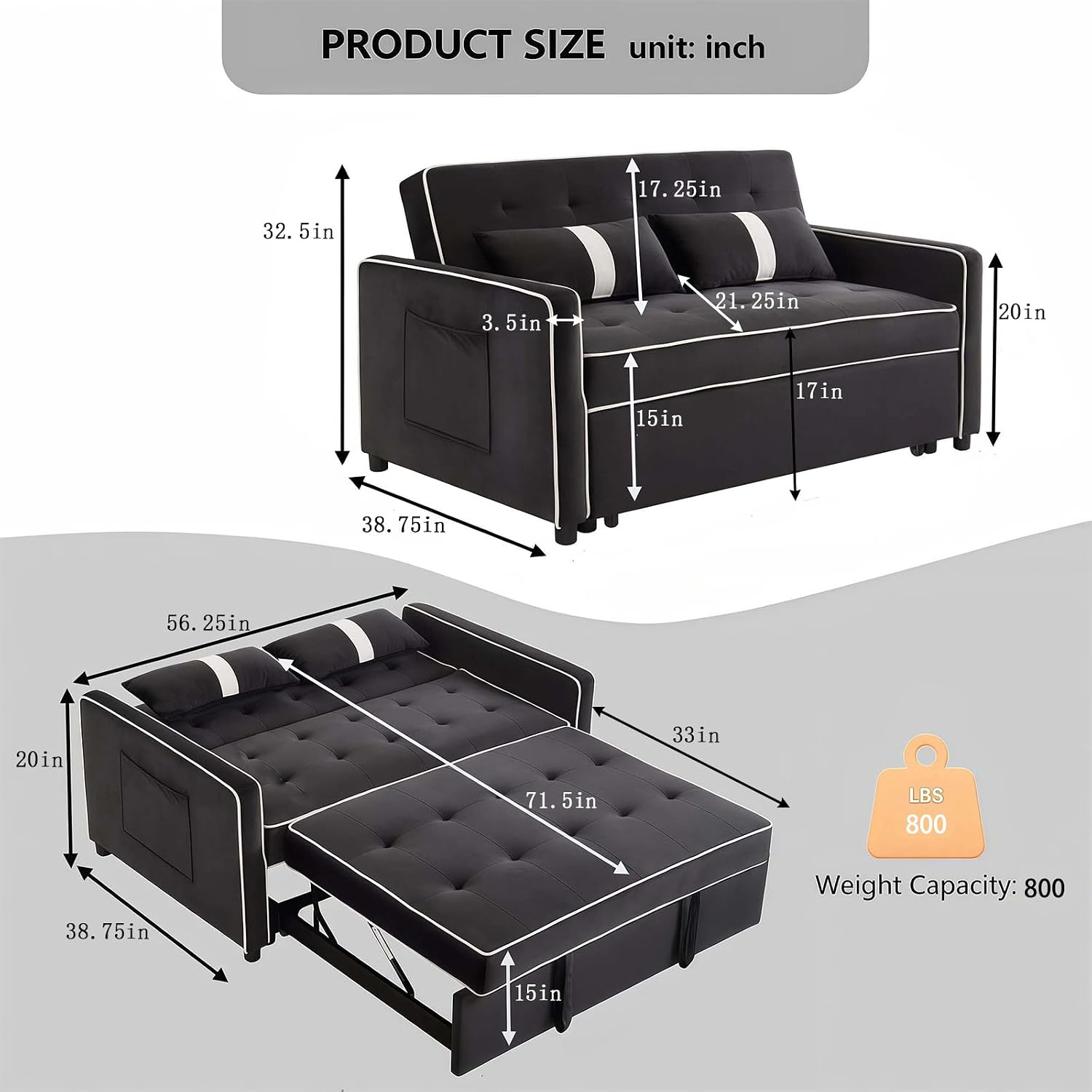 Loveseat Sleeper Sofa, 3 in 1 Convertible Sofa Bed, Adjustable Backrest Comfy Pull Out Couch, Modern Upholstered Sofa for Living Room Bedroom Apartment Small Space (Black 1)