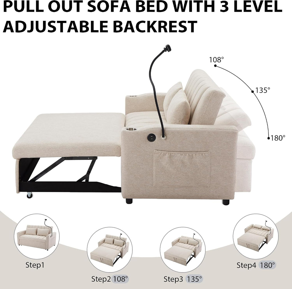 LUMISOL 3-in-1 Convertible Sleeper Sofa Bed, 55.9' Loveseat Pull Out Bed with USB Ports, Cup Holders, Swivel Stand & Storage Pockets, Modern Tufted Sofa Bed with Pillows, Beige