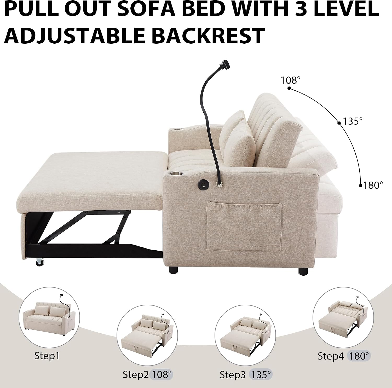 LUMISOL 3-in-1 Convertible Sleeper Sofa Bed, 55.9' Loveseat Pull Out Bed with USB Ports, Cup Holders, Swivel Stand & Storage Pockets, Modern Tufted Sofa Bed with Pillows, Beige