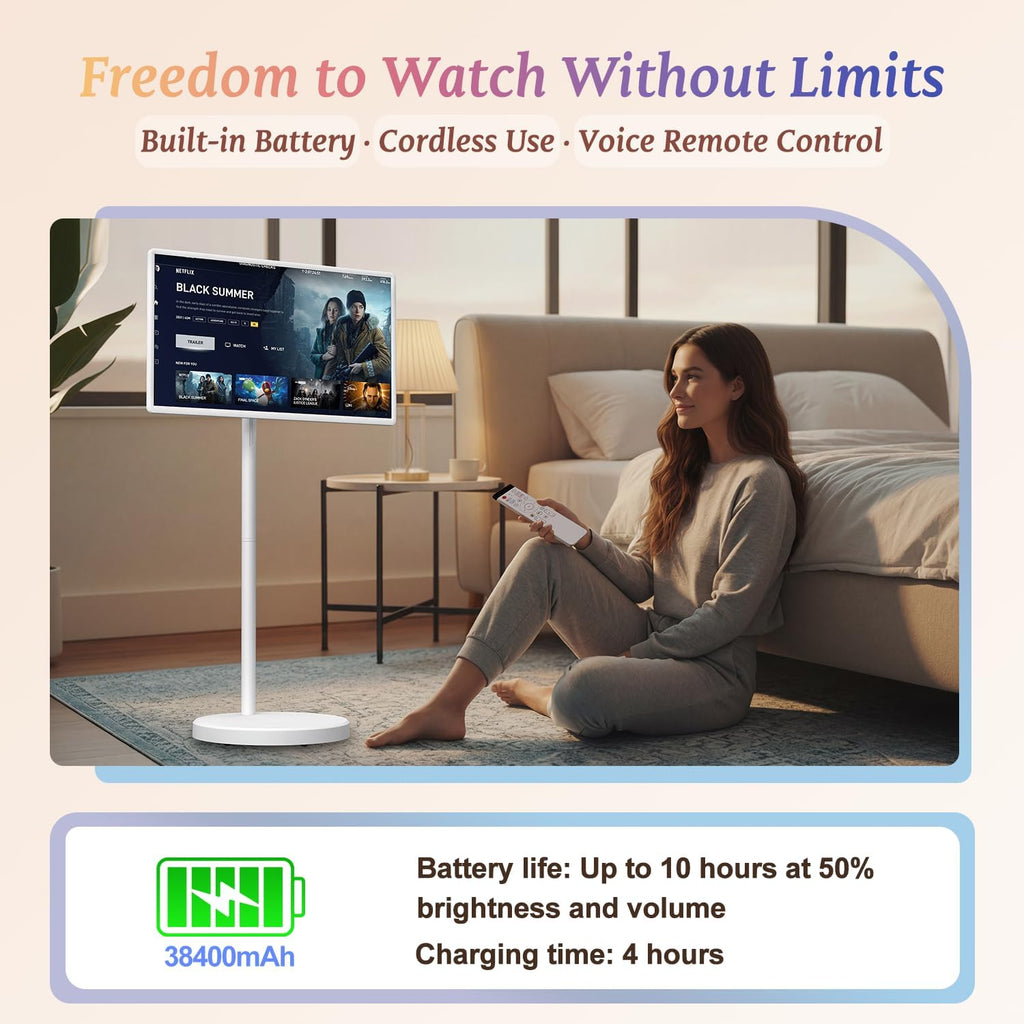 32 Inch Smart Portable TV, FHD Touch Screen Monitor on Wheels, Android 15, 8GB +128GB, Wireless Movable Display EDLA-Certified 5MP Camera 10W Stereo Speaker, 38,400 mAh Battery, Voice Airmouse Remote