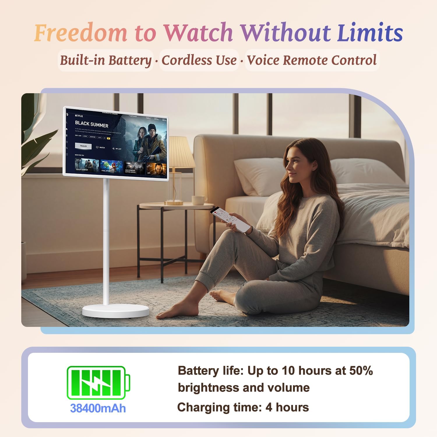 32 Inch Smart Portable TV, FHD Touch Screen Monitor on Wheels, Android 15, 8GB +128GB, Wireless Movable Display EDLA-Certified 5MP Camera 10W Stereo Speaker, 38,400 mAh Battery, Voice Airmouse Remote