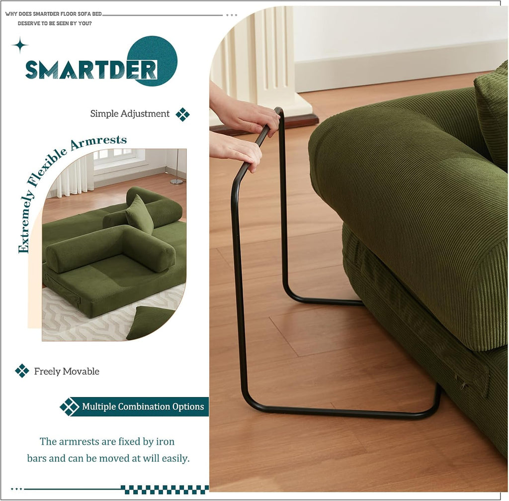 Convertible Folding Sofa Bed, Modular Floor Sofa with Removable Backrest, 3-Seater Fold Out Couch Bed with Pillows, King Size Futon Lazy Couch Corduroy Sleeper for Living Room, Dorm, Green