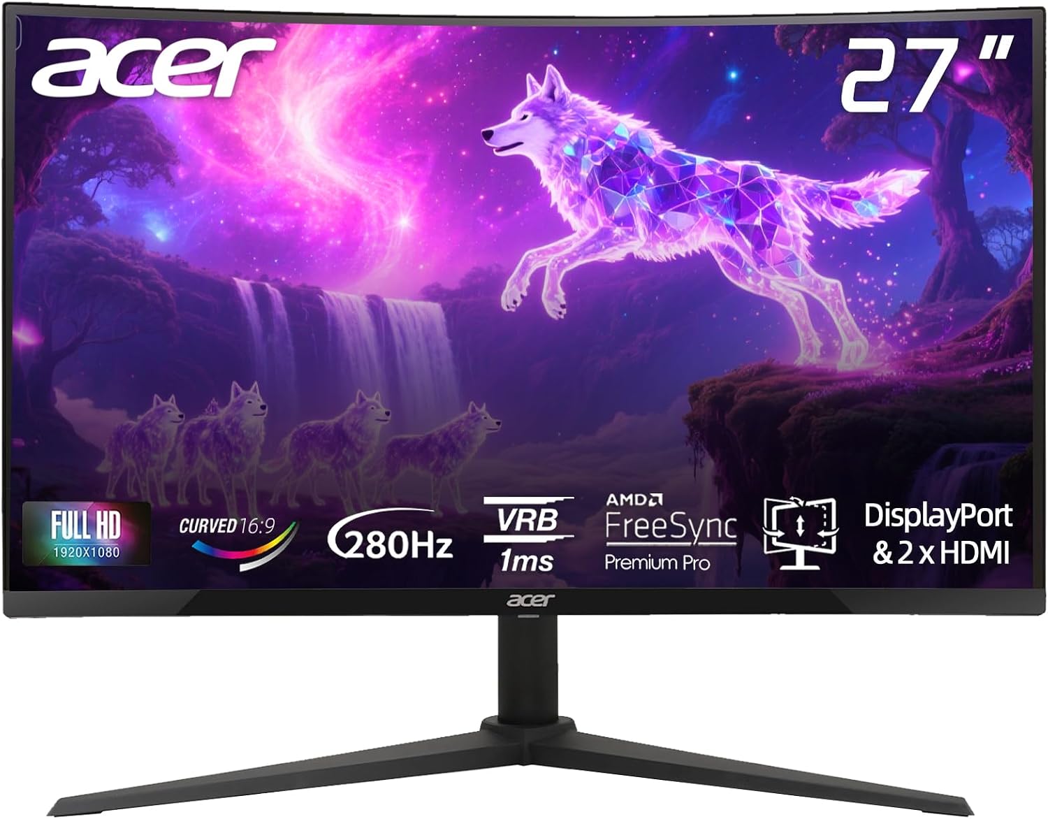 acer Nitro 27' FHD Gaming Office Monitor, 1500R Curved 280Hz, Tilt/Swivel/Height Adjustable, AMD FreeSync, 1ms (VRB), VESA Mountable, ZeroFrame Design, DisplayPort & 2 x HDMI - Black