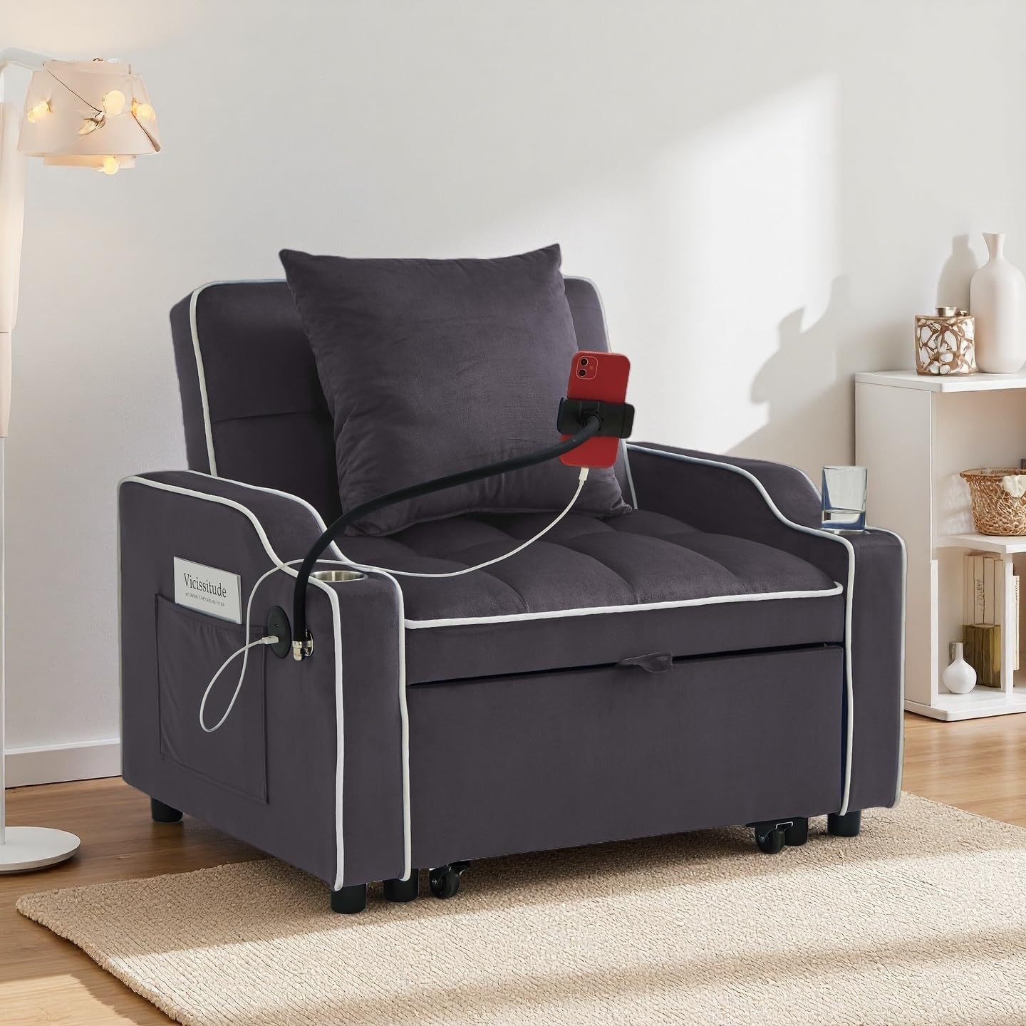 Convertible Sofa Bed, 3 in 1 Futon Sofa Bed with USB Charging Ports, Cup Holder, Phone Stand & Pocket, Modern Upholstered Sleeper Sofa for Living Room, Apartment or Small Space (Grey)