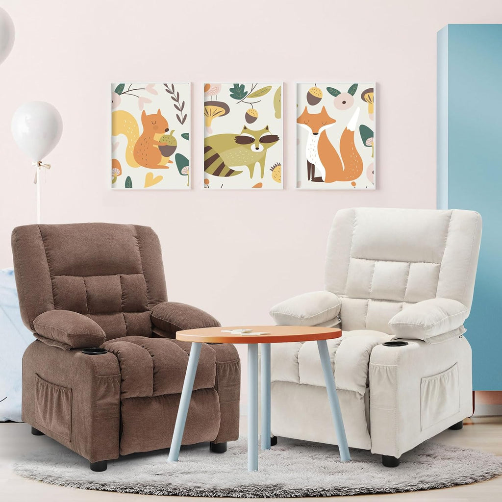 BOSMILLER Kids Recliner Chair， Push Back Toddler Recliner with Cup Holders & Side Pockets， Adjustable Footrest & Headrest Kids Sofa for Boys Girls 3+ Age Group