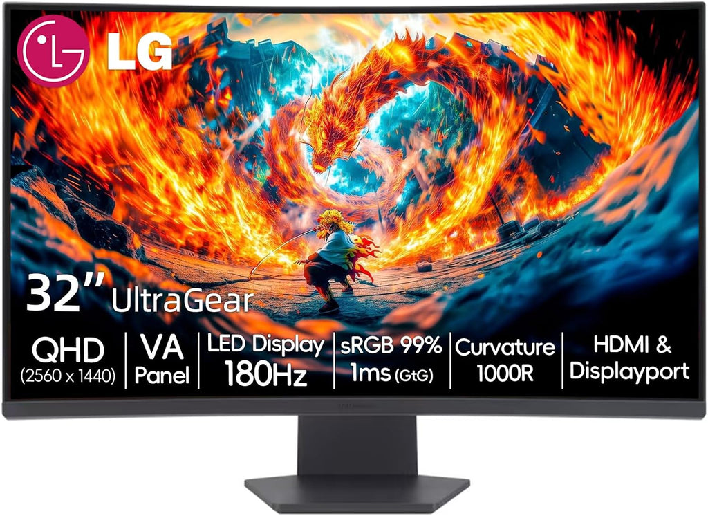 LG 32' Ultragear QHD Curved Gaming Monitor, 180Hz, 1ms, AMD FreeSync, 1000R Curve, HDR10, 99% sRGB, Black Stabilizer, Dual Controller, DisplayPort & HDMI, 3-Side Borderless, Tilt Adjustment, Black