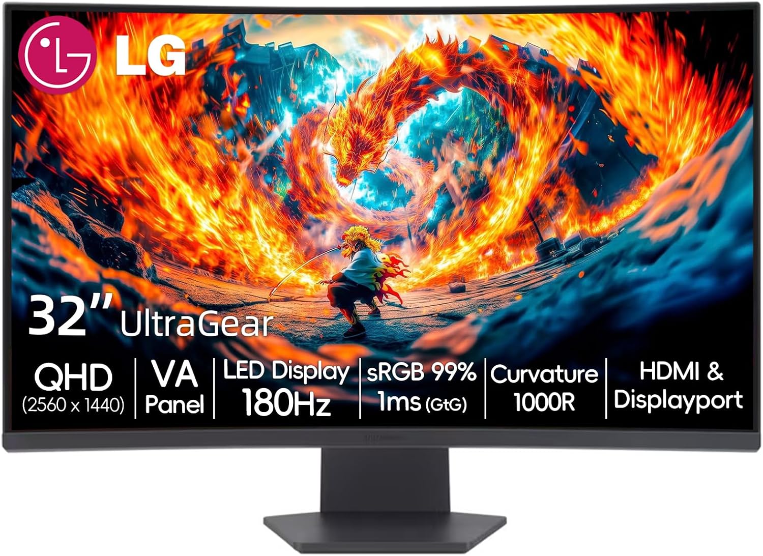 LG 32' Ultragear QHD Curved Gaming Monitor, 180Hz, 1ms, AMD FreeSync, 1000R Curve, HDR10, 99% sRGB, Black Stabilizer, Dual Controller, DisplayPort & HDMI, 3-Side Borderless, Tilt Adjustment, Black