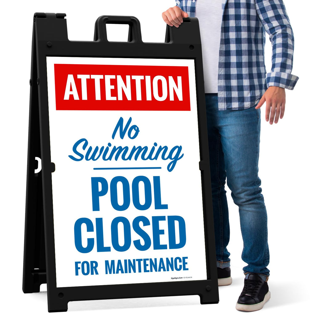 Attention Pool Closed for Maintenance No Swimming Folding Floor Sign, 24x36 Inches, with A Frame Stand, Made in USA by Sigo Signs