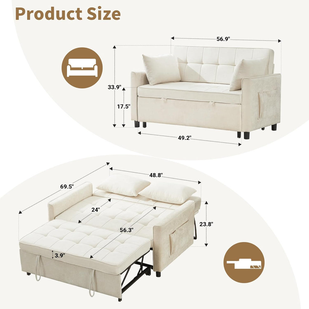 Tbfit 57' Convertible Sofa Bed, Chenille Futon Sleeper Sofa Couch with Pullout Bed, USB & Adjustable Backrest, Full Size Pull Out Loveseat Couches for Living Room, Apartment, Office, Dorm, Beige