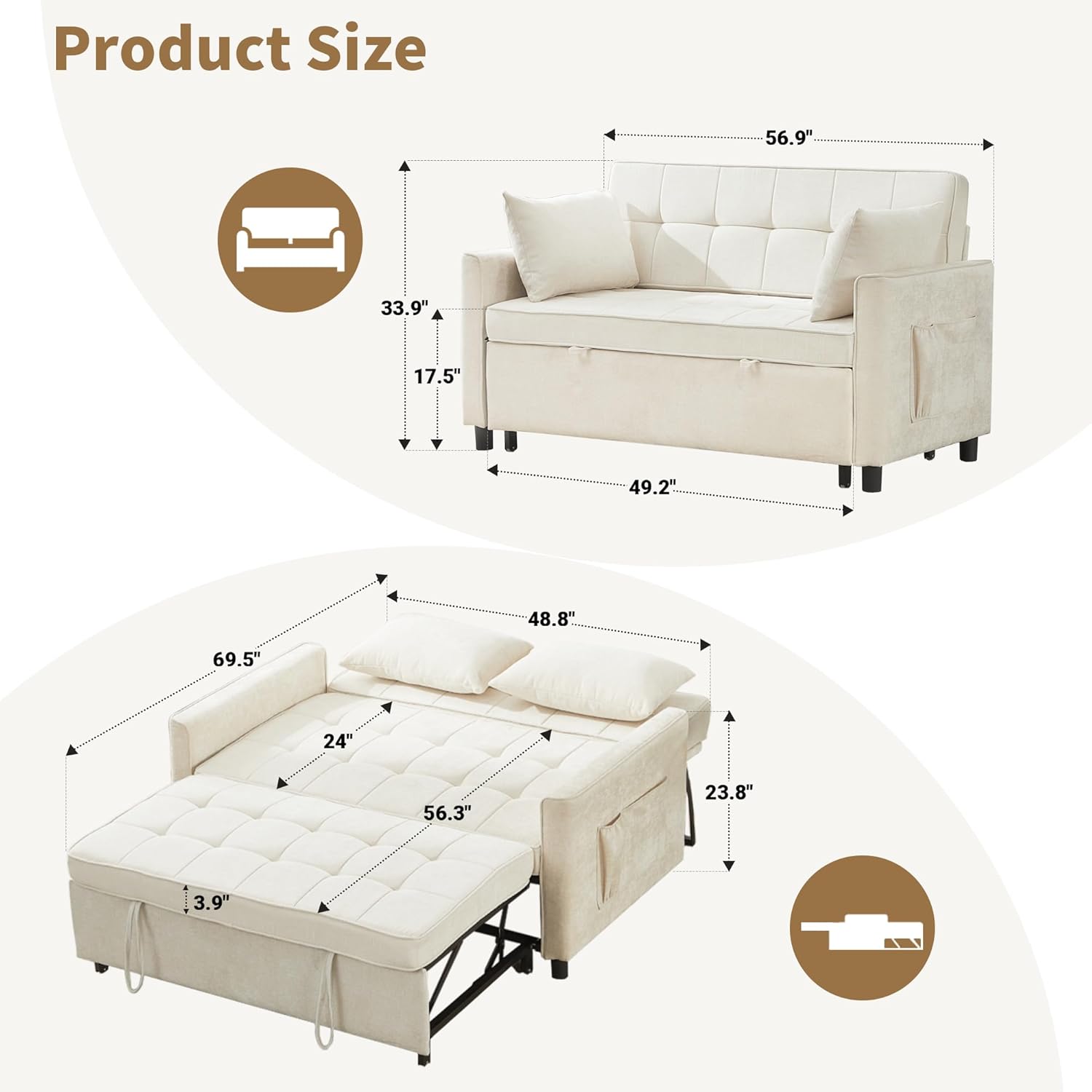 Tbfit 57' Convertible Sofa Bed, Chenille Futon Sleeper Sofa Couch with Pullout Bed, USB & Adjustable Backrest, Full Size Pull Out Loveseat Couches for Living Room, Apartment, Office, Dorm, Beige