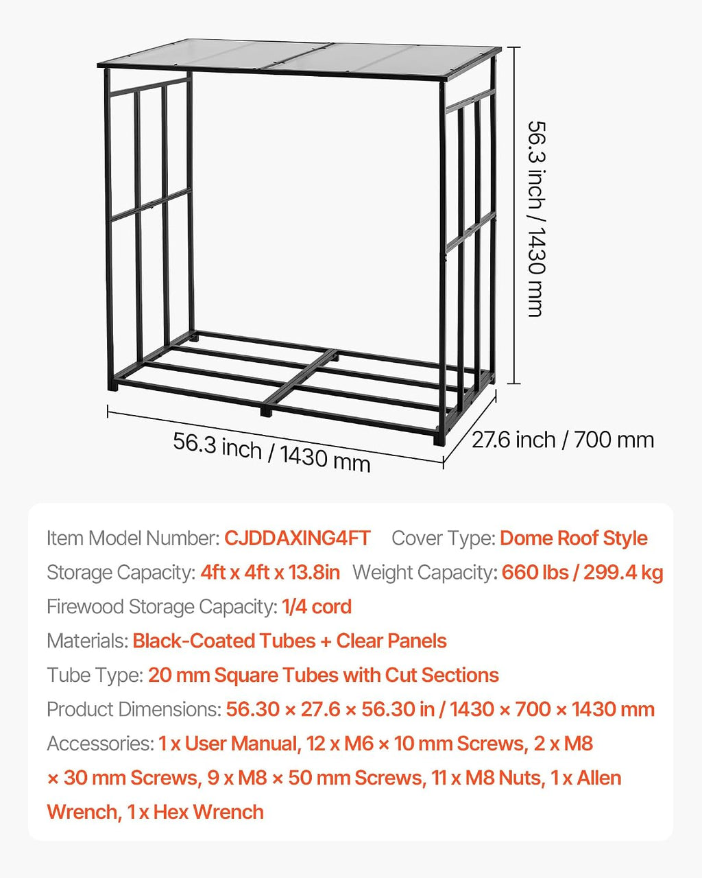 VEVOR Firewood Rack with Sloped Roof, 4 ft Outdoor Firewood Holder, 1/4 Cord Log Storage Shed, 660lb Max Weight Capacity, Powder-Coated Metal Wood Storage Rack for Fireplace Deck Backyard Garden