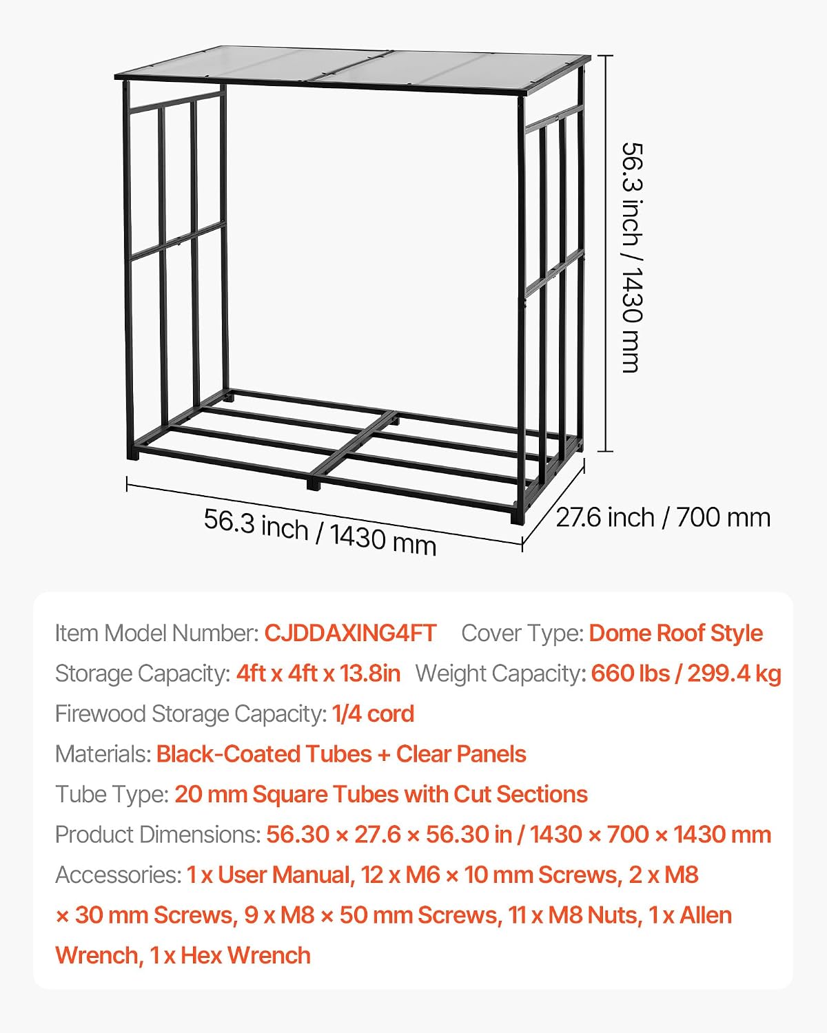 VEVOR Firewood Rack with Sloped Roof, 4 ft Outdoor Firewood Holder, 1/4 Cord Log Storage Shed, 660lb Max Weight Capacity, Powder-Coated Metal Wood Storage Rack for Fireplace Deck Backyard Garden