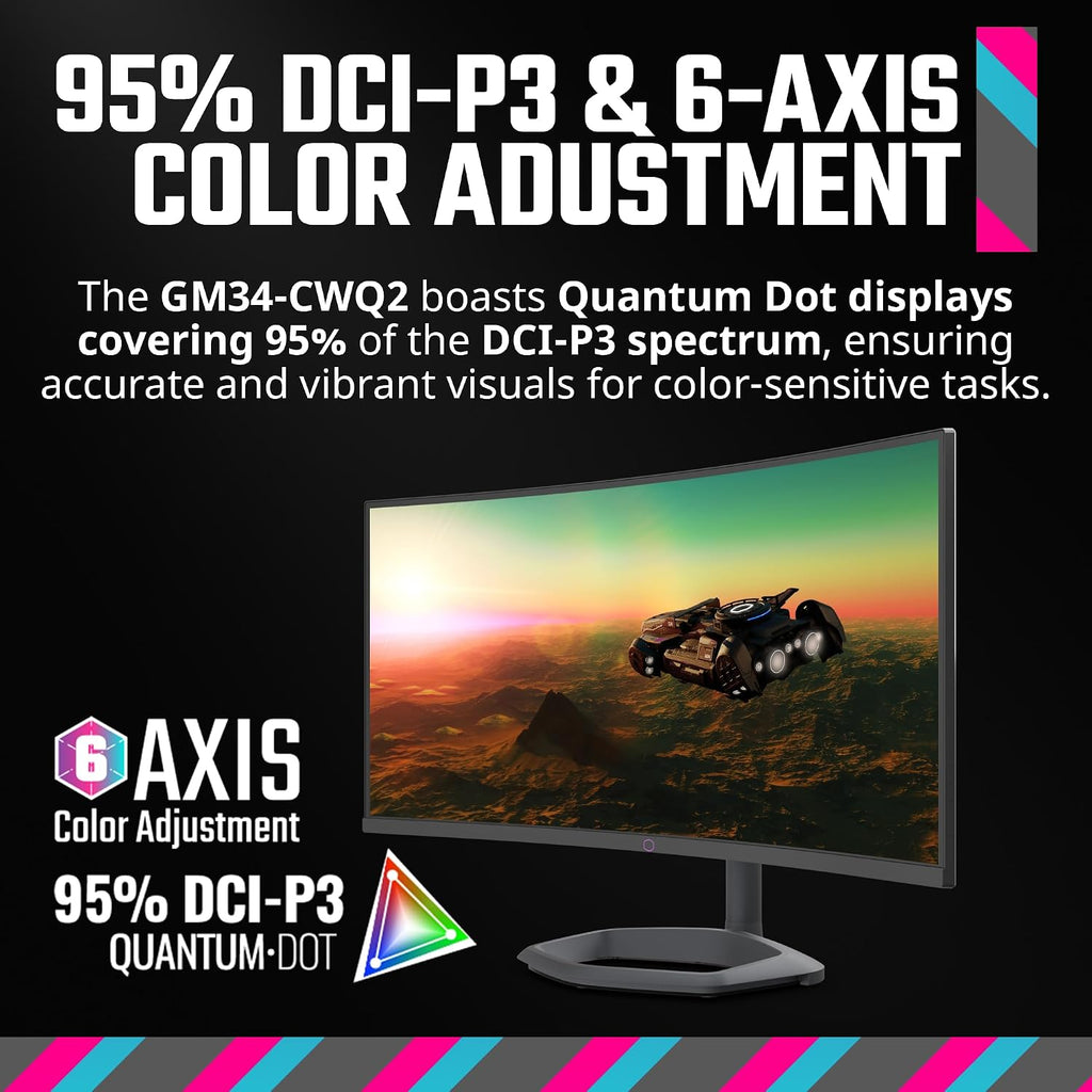 Cooler Master GM34-CWQ2 34' Curved UWQHD 3440 x 1440 VA Quantum Dot Gaming Monitor | Up to 180Hz | Up to 0.5ms | Curve 1500R | FreeSync Premium|Nvidia | HDR Support |DP1.4 * 1 | HDMI2.0 * 2