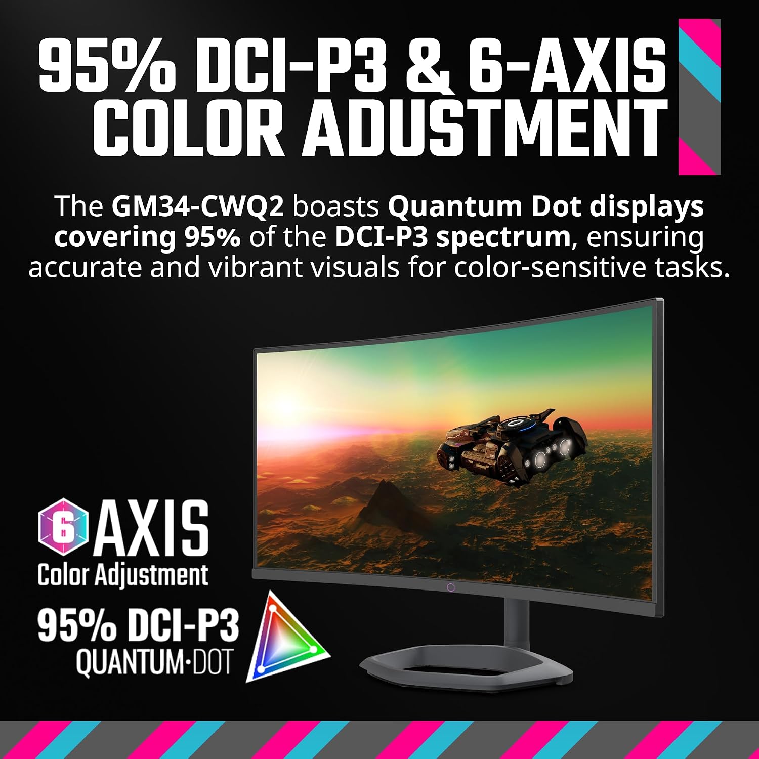 Cooler Master GM34-CWQ2 34' Curved UWQHD 3440 x 1440 VA Quantum Dot Gaming Monitor | Up to 180Hz | Up to 0.5ms | Curve 1500R | FreeSync Premium|Nvidia | HDR Support |DP1.4 * 1 | HDMI2.0 * 2