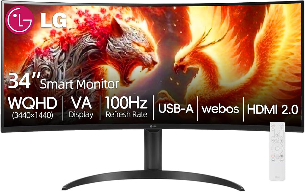 LG 34' WQHD (3440x1440) Curved Smart Monitor, 100Hz, HDR10, 99% sRGB, webOS 23, Screen Share, AirPlay 2, Flicker free, Includes Wireless Screen Mirroring, HDMI, USB-A,Bluetooth, Tilt/Height Adjustment