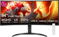 LG 34' WQHD (3440x1440) Curved Smart Monitor, 100Hz, HDR10, 99% sRGB, webOS 23, Screen Share, AirPlay 2, Flicker free, Includes Wireless Screen Mirroring, HDMI, USB-A,Bluetooth, Tilt/Height Adjustment