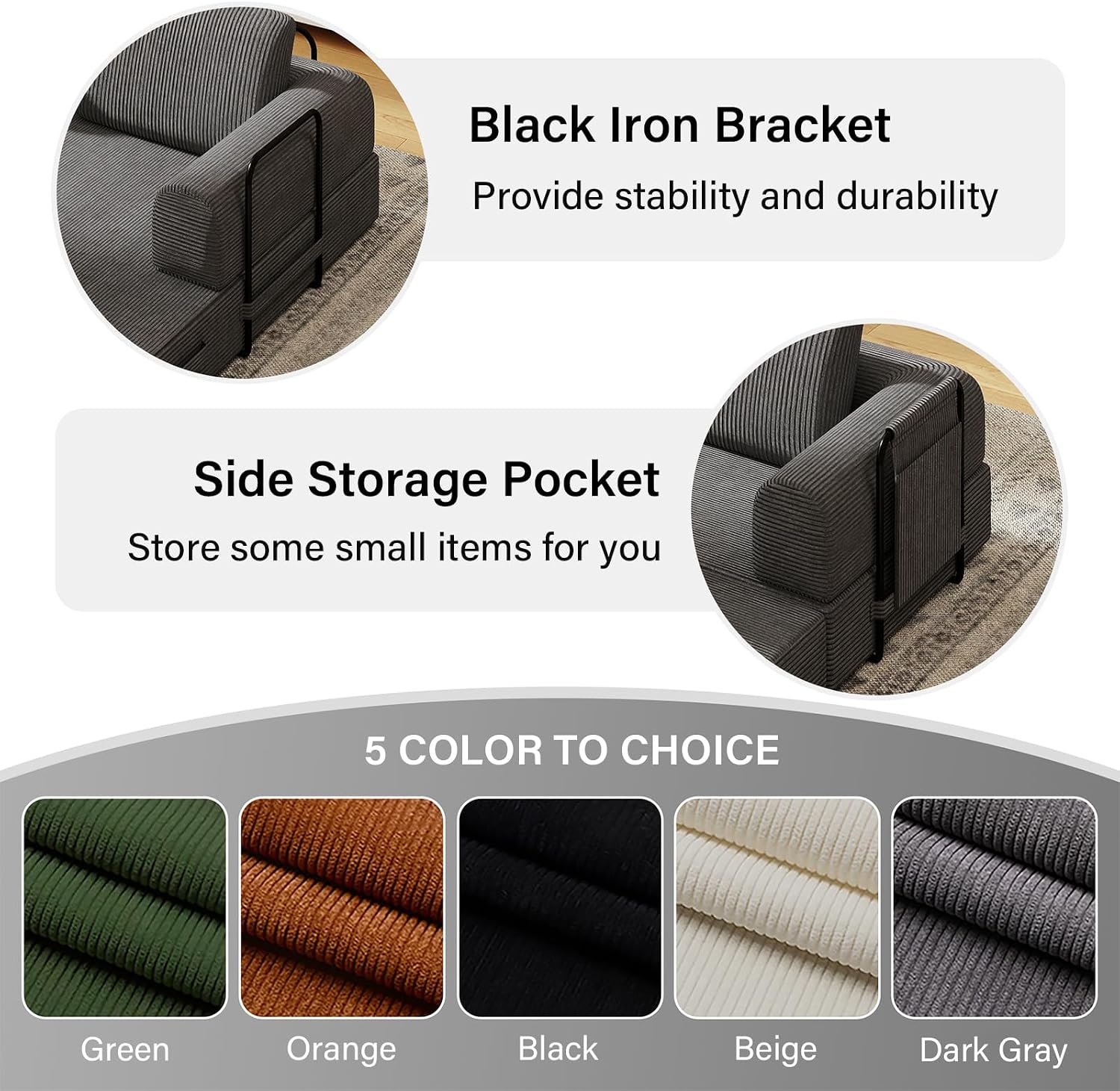 78'' Sleeper Couch Bed for Living Room, Convertible Modular Sofa with Fixed Frame and Side Pocket, Corduroy Futon Boneless Couches in a Box, No Assembly, Gray