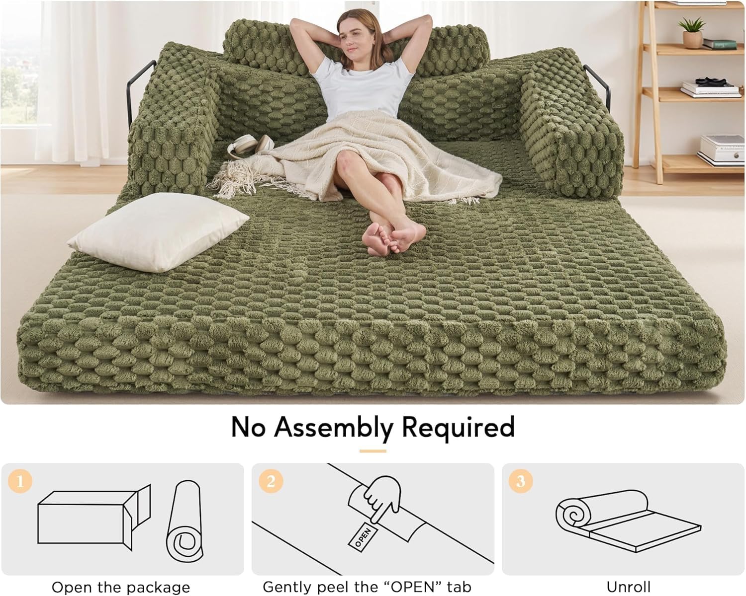 VanAcc Futon Sofa Bed, Convertible Futon Couch with Plush Faux Fur, No Assembly Mattress Futon Sofa for Living Room, Apartment, Bedroom, Green
